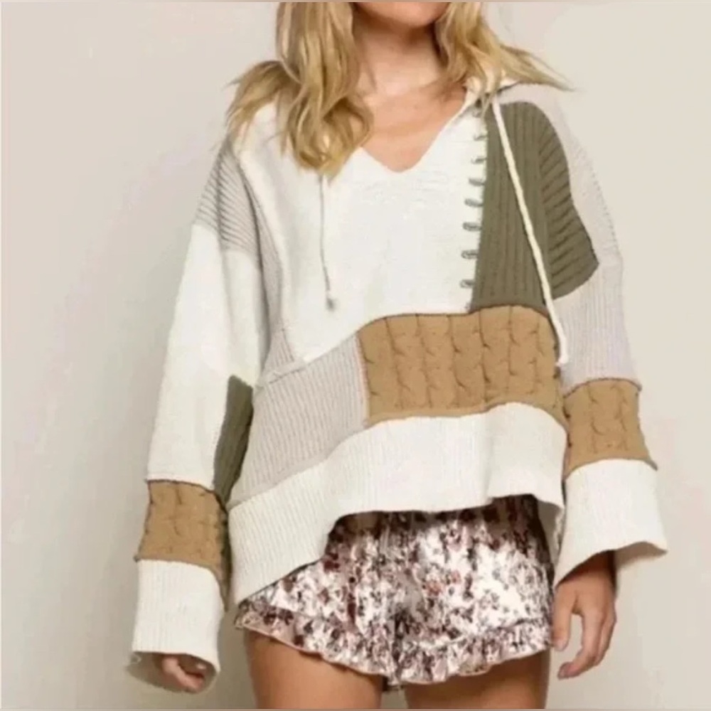 Pol Chunky Knit Colorblock Patchwork Pullover Swe… - image 1